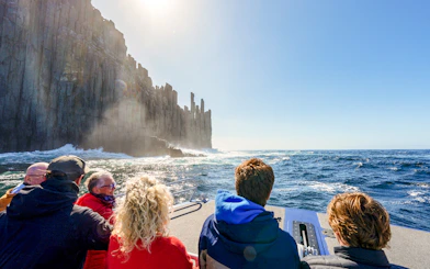 People on a boat viewing Cape Raoul cliffs during a cruise.