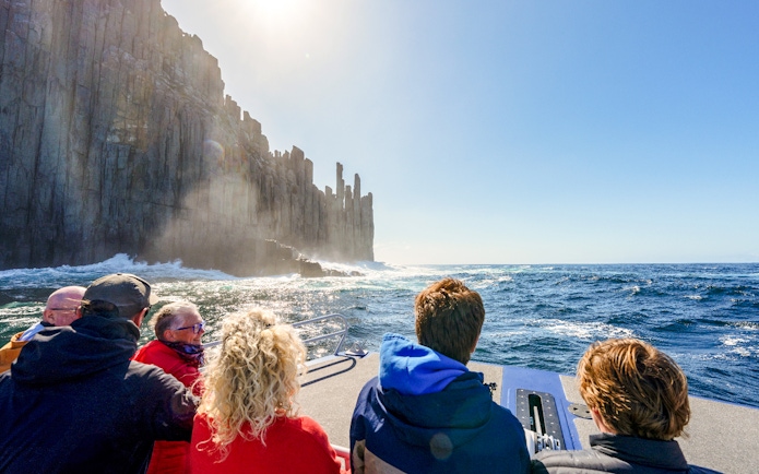 People on a boat viewing Cape Raoul cliffs during a cruise.