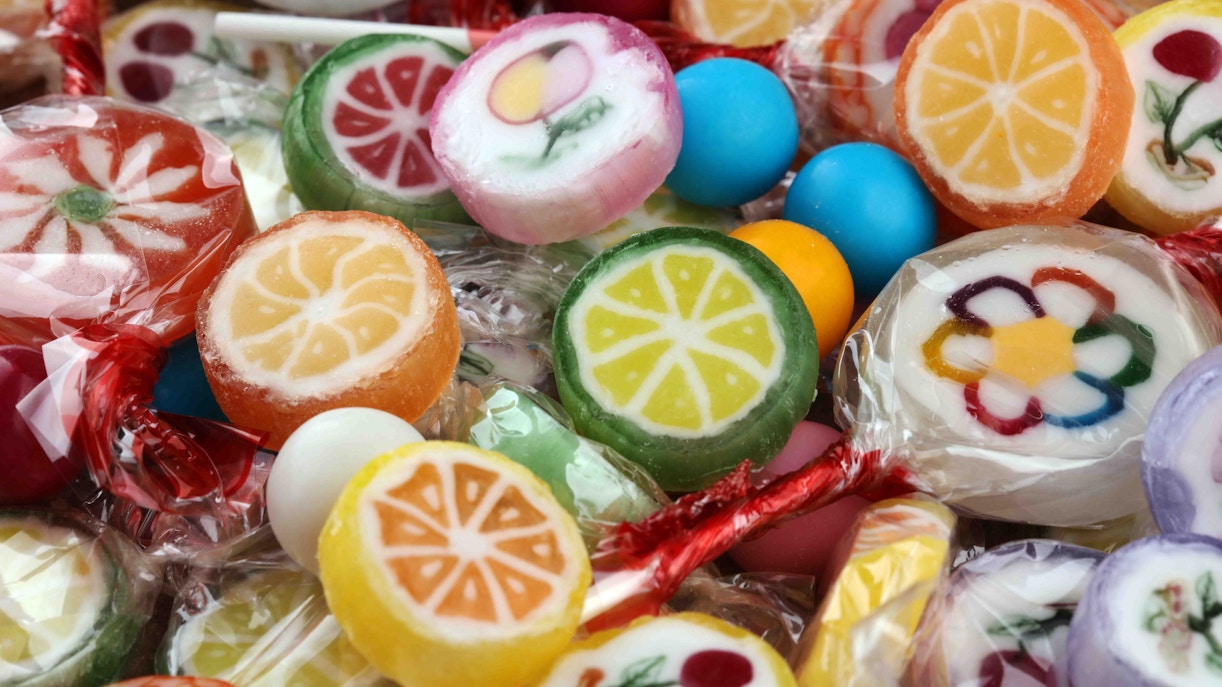 Colorful fruit candies displayed in the store