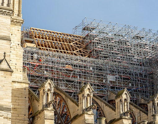 Notre Dame Cathedral under restoration with scaffolding in Paris, France.