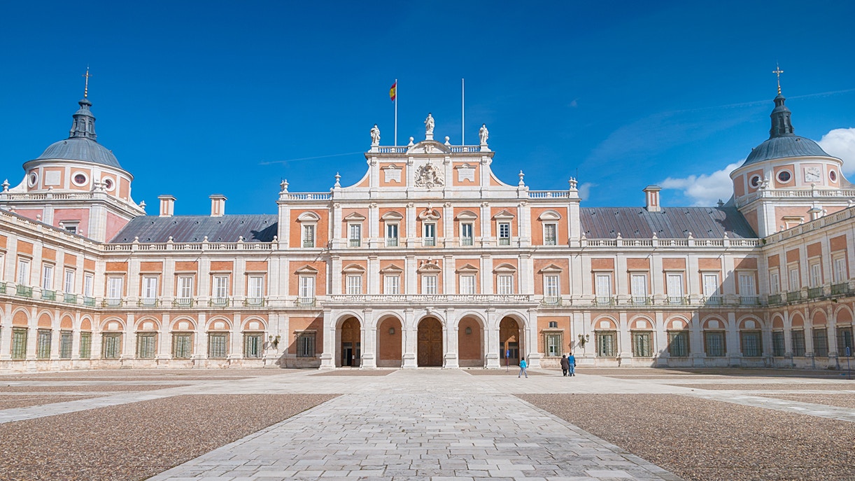 Royal Palace of Aranjuez facade with gardens, Madrid, Spain.