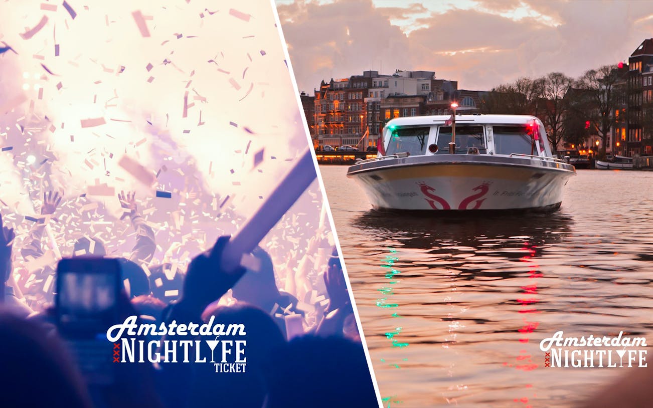 Nightclub celebration with confetti and a boat cruise on Amsterdam canal at sunset.