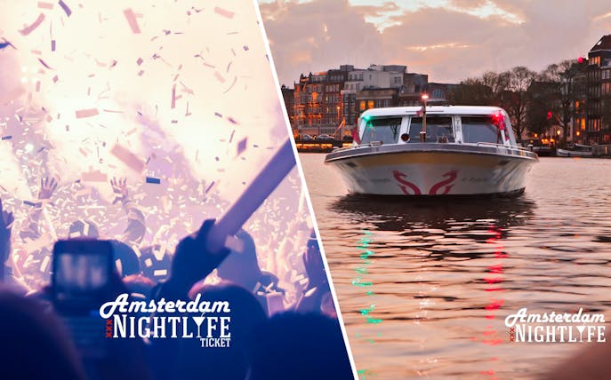 Nightclub celebration with confetti and a boat cruise on Amsterdam canal at sunset.