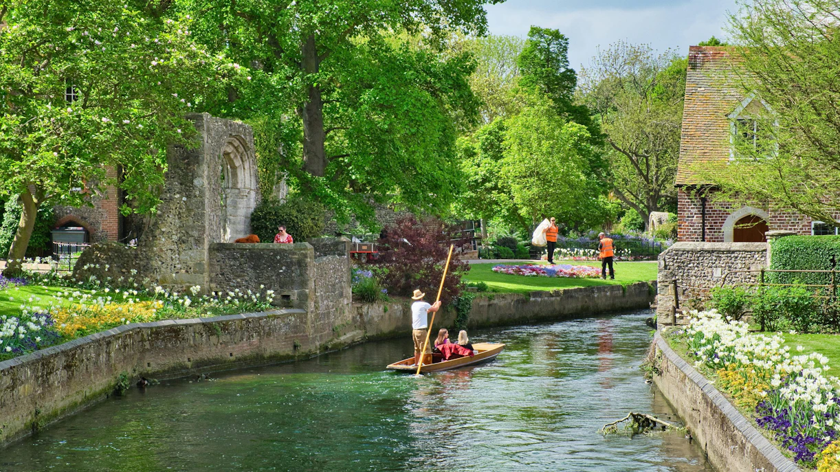 Punting on the Stour River in Westgate Gardens, Canterbury, England.