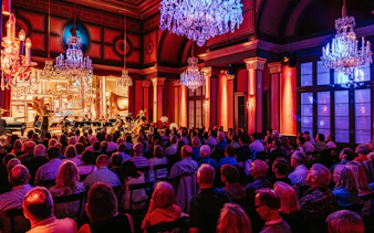 Classical concert in Vienna with orchestra performing in ornate hall.