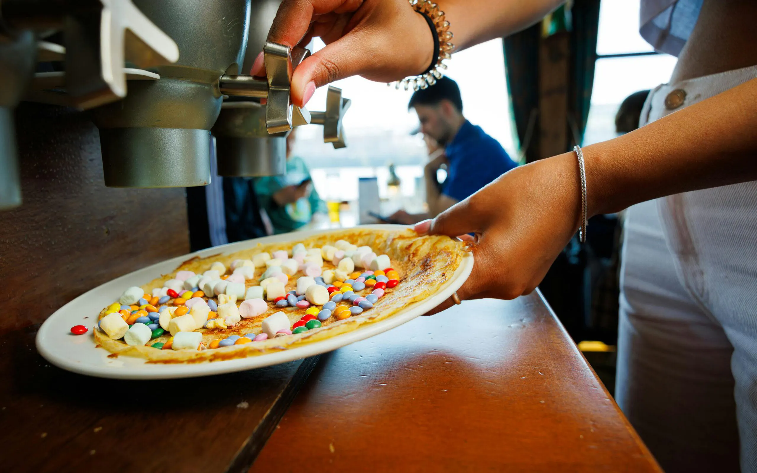 Dutch pancake with toppings on a cruise in Amsterdam.