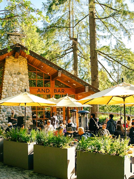 Outdoor dining area at Capilano Suspension Bridge Park with people enjoying meals under yellow umbrellas.