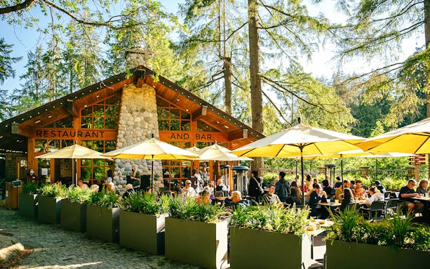 Outdoor dining area at Capilano Suspension Bridge Park with people enjoying meals under yellow umbrellas.
