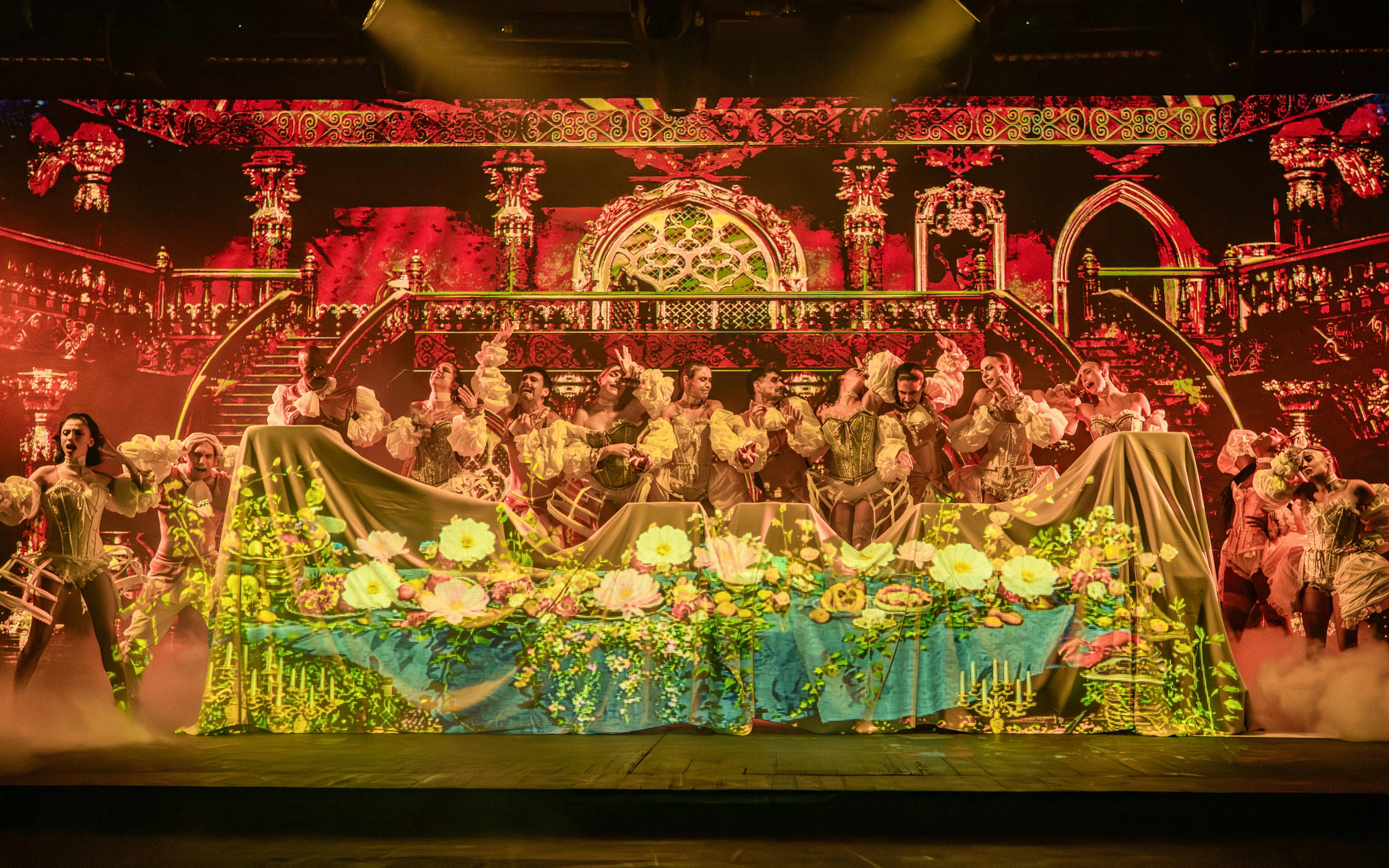 Performers in period costumes on stage at Sala Scala, Gran Canaria.