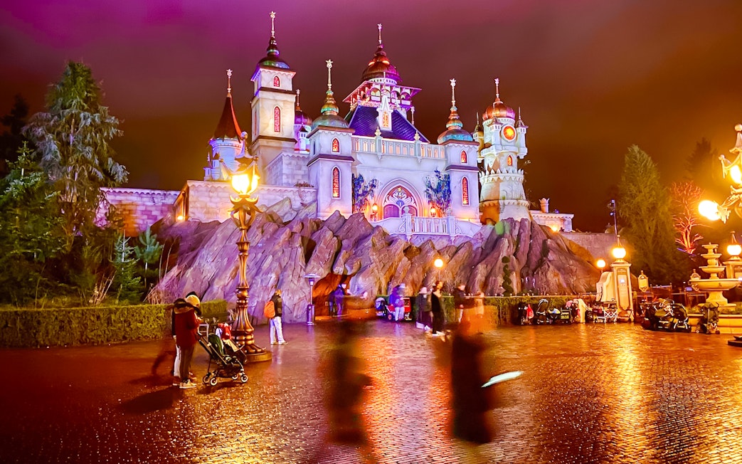 Efteling castle exterior illuminated at night, Amsterdam.
