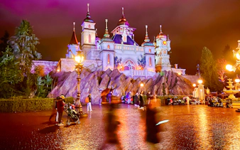 Efteling castle exterior illuminated at night, Amsterdam.