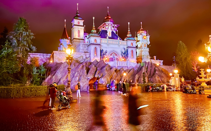 Efteling castle exterior illuminated at night, Amsterdam.