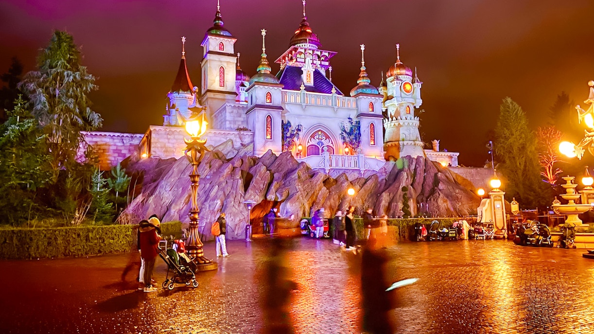 Efteling castle exterior illuminated at night, Amsterdam.