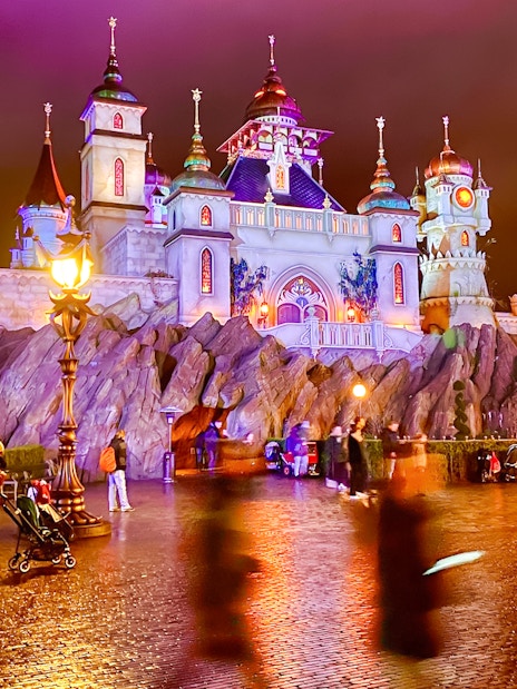 Efteling castle exterior illuminated at night, Amsterdam.