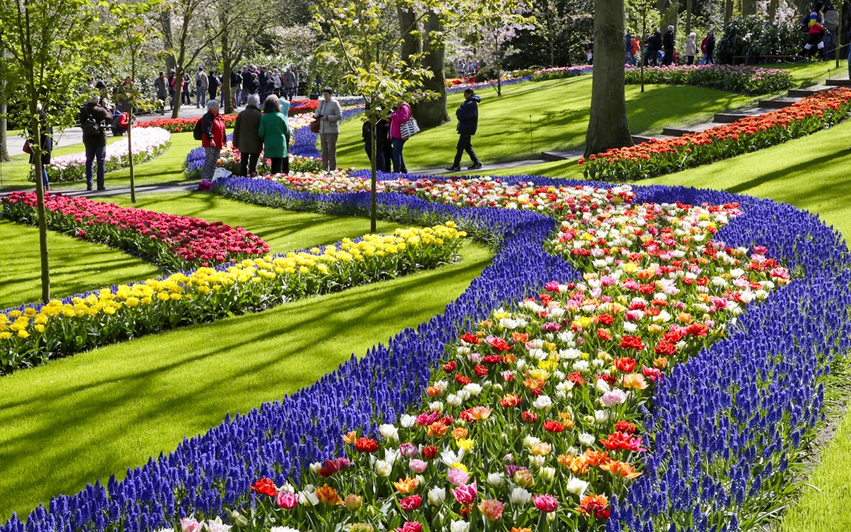 Visitors walking among colorful tulip beds at Keukenhof Gardens.