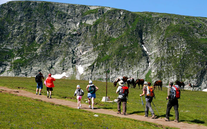 Hikers on a trail with horses grazing at The Seven Rila Lakes, Bulgaria.