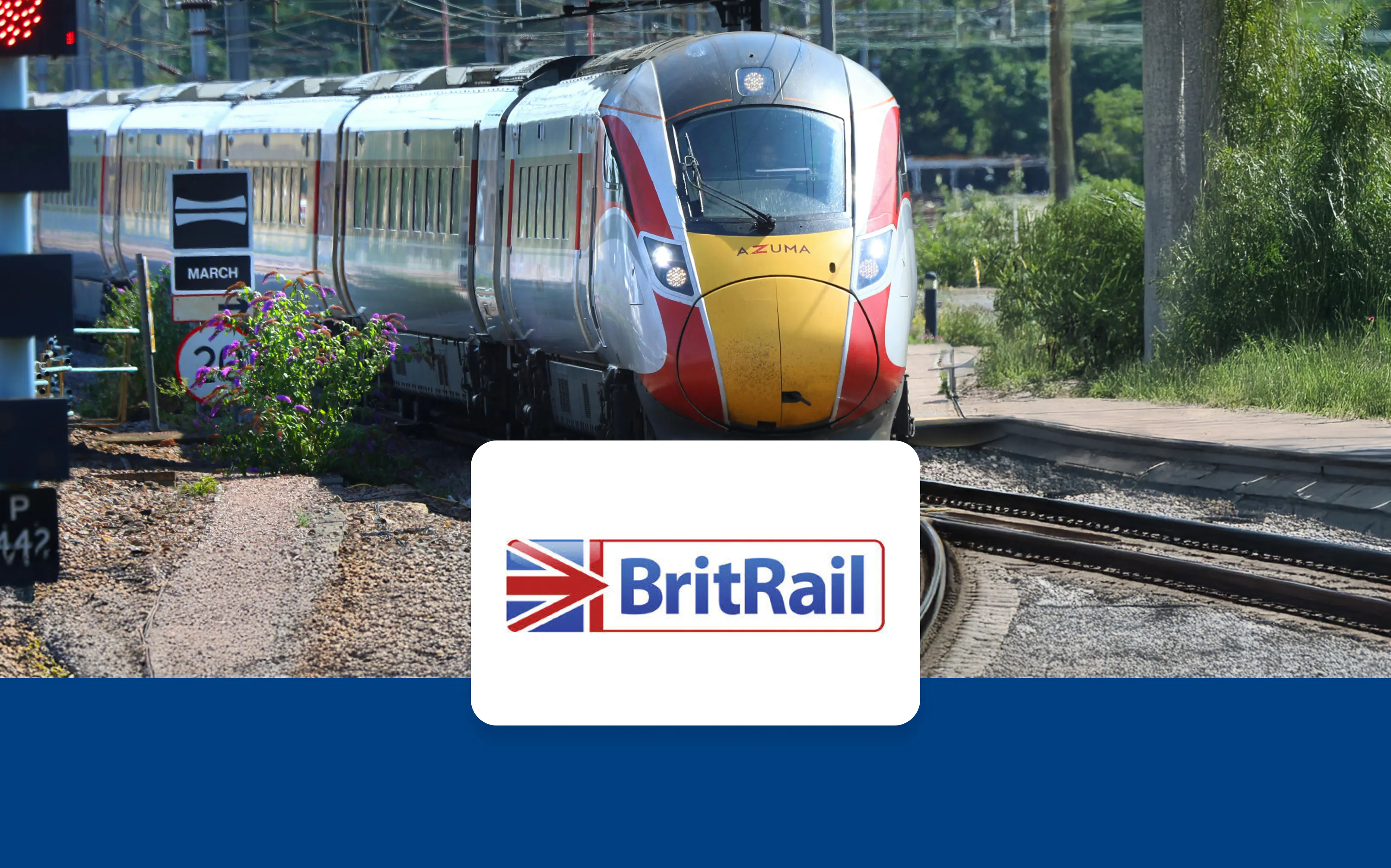 High-speed train on a track in Europe with BritRail logo.