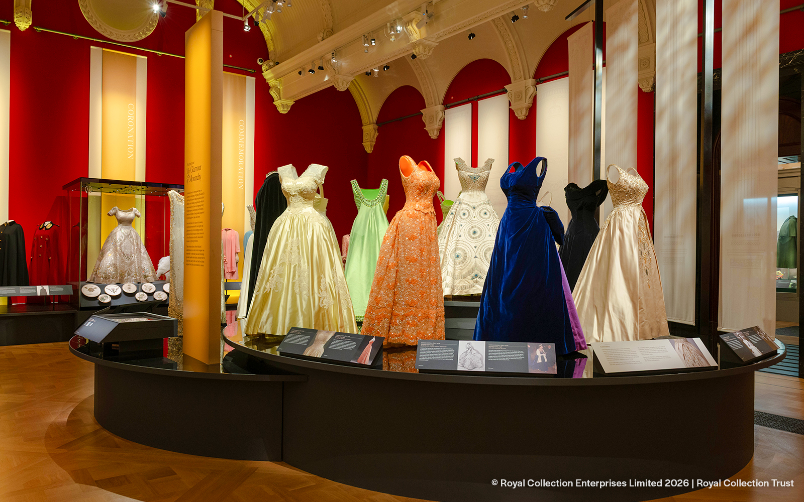 Dresses displayed at the 'Her Life in Style' exhibit, The King's Gallery, Buckingham Palace.