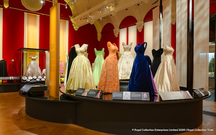 Dresses displayed at the 'Her Life in Style' exhibit, The King's Gallery, Buckingham Palace.