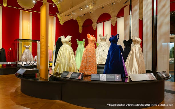 Dresses displayed at the 'Her Life in Style' exhibit, The King's Gallery, Buckingham Palace.