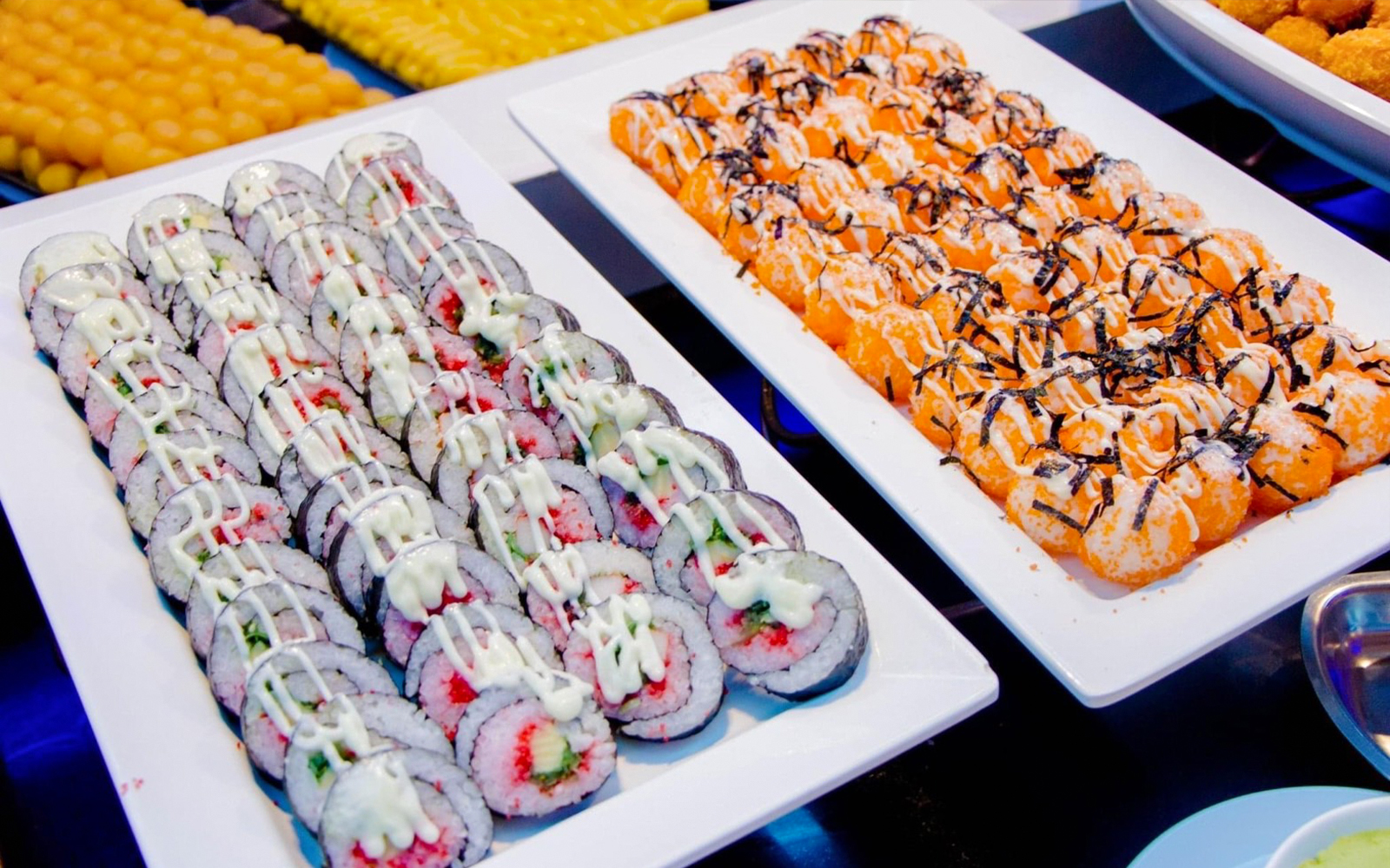 Sushi and seafood appetizers on Royal Princess Cruise buffet.