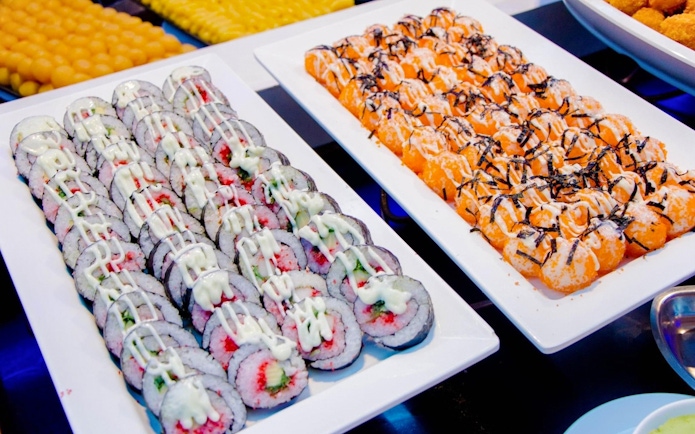 Sushi and seafood appetizers on Royal Princess Cruise buffet.