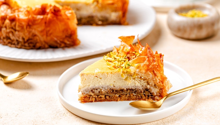 Baklava cheesecake slice with pistachios at Delphi Restaurant.