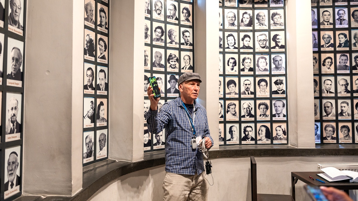 Portraits of Oskar Schindler's factory employees during guided tour in Krakow, Poland.