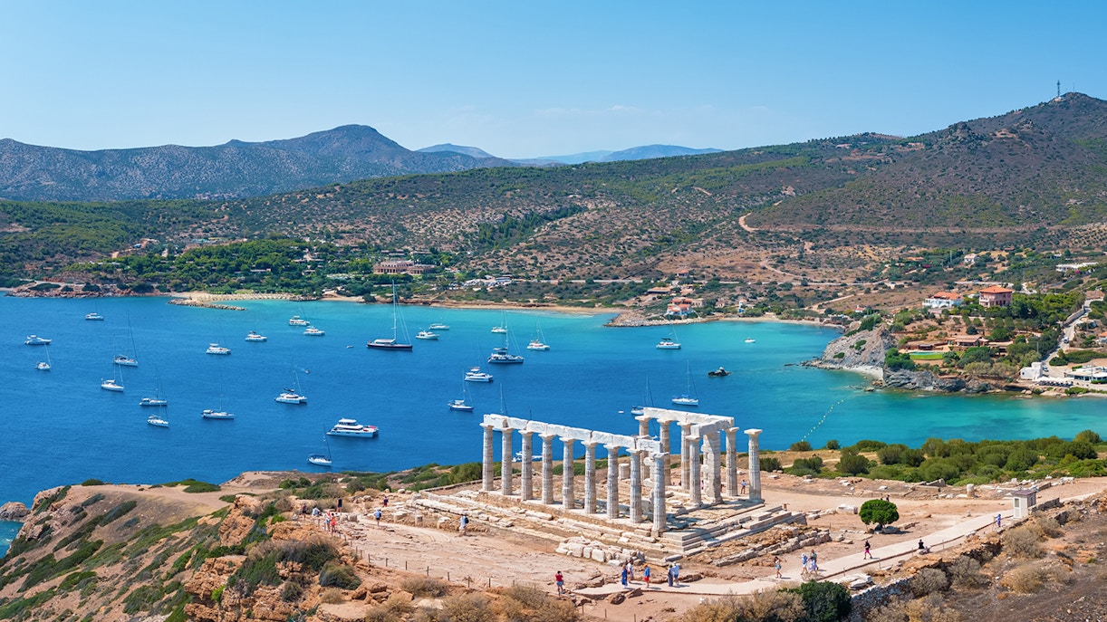 Temple of Poseidon at Cape Sounion with panoramic sea view, Athens, Greece.