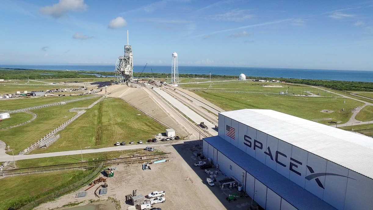 SpaceX LC-39A launch pad with rocket ready for liftoff at Kennedy Space Center, Florida.