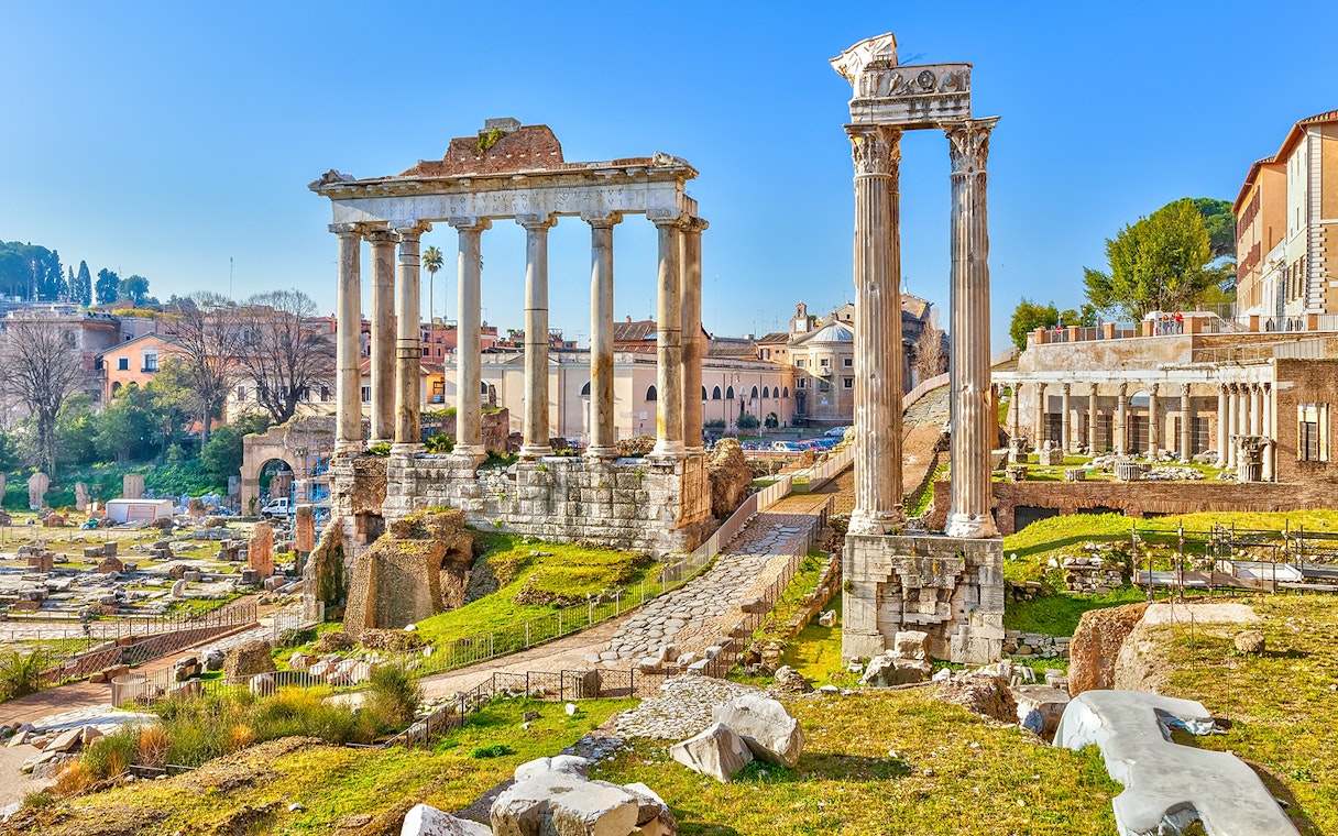Ancient Roman Forum ruins with columns on Palatine Hill, Rome.