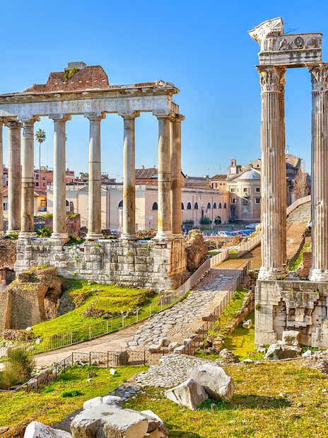 Ancient Roman Forum ruins with columns on Palatine Hill, Rome.
