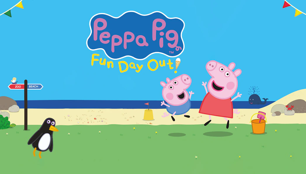 Peppa Pig and George jumping on a beach with a sign pointing to zoo and beach.