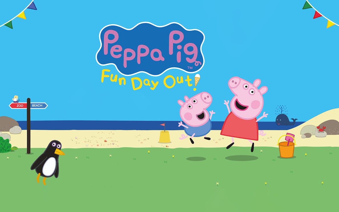 Peppa Pig and George jumping on a beach with a sign pointing to zoo and beach.