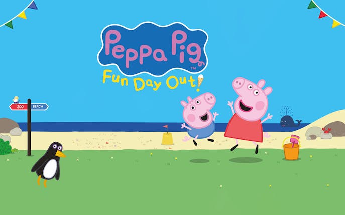 Peppa Pig and George jumping on a beach with a sign pointing to zoo and beach.