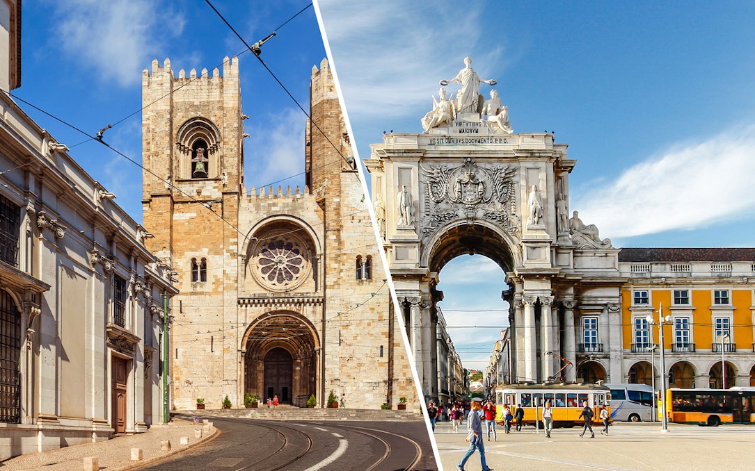 Lisbon Cathedral and Rua Augusta Arch with tram and pedestrians.