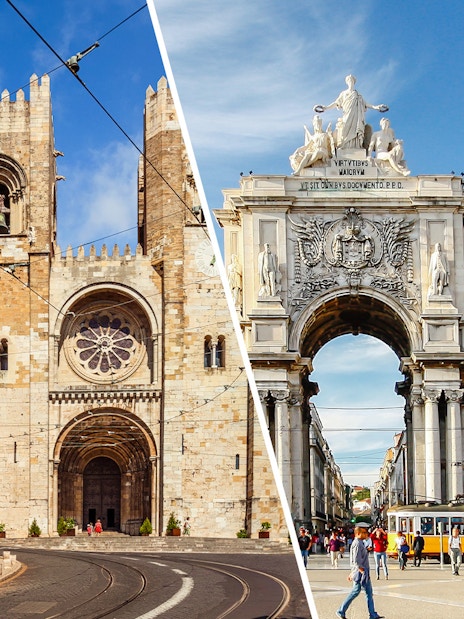 Lisbon Cathedral and Rua Augusta Arch with tram and pedestrians.
