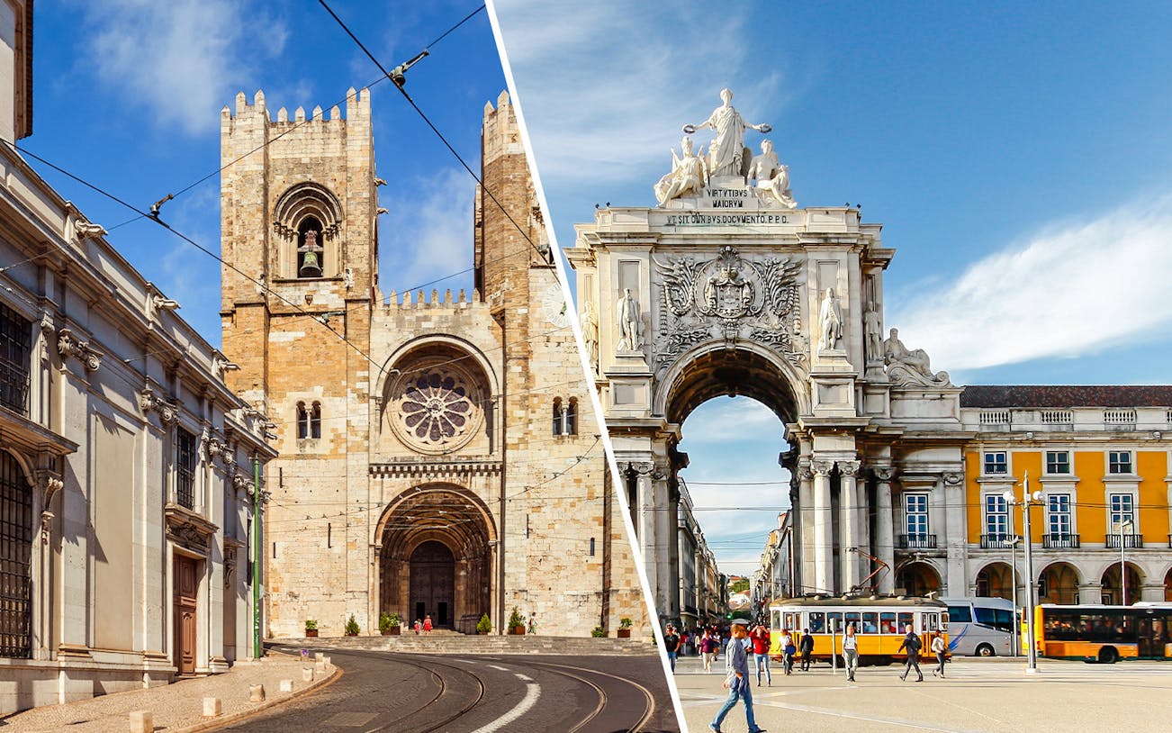 Lisbon Cathedral and Rua Augusta Arch with tram and pedestrians.