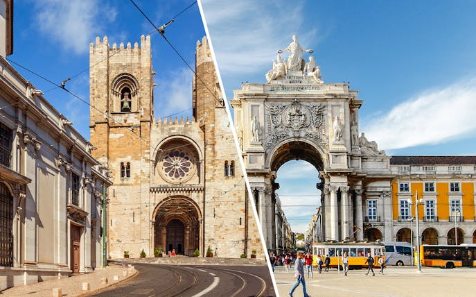 Lisbon Cathedral and Rua Augusta Arch with tram and pedestrians.