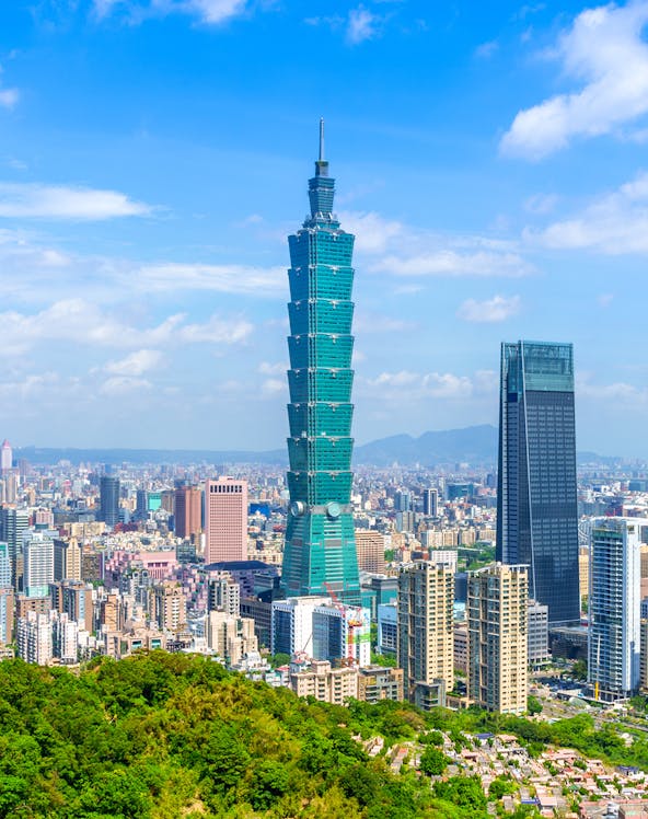 Taipei 101 skyscraper with cityscape view from observatory.