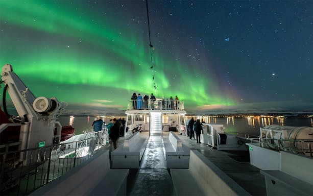 Cruise passengers viewing Northern Lights from ship's deck.
