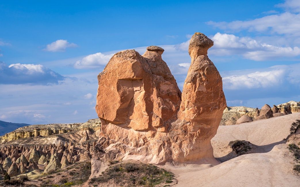Fairy chimneys and Camel Rock in Devrent Valley, Cappadocia under a blue sky.