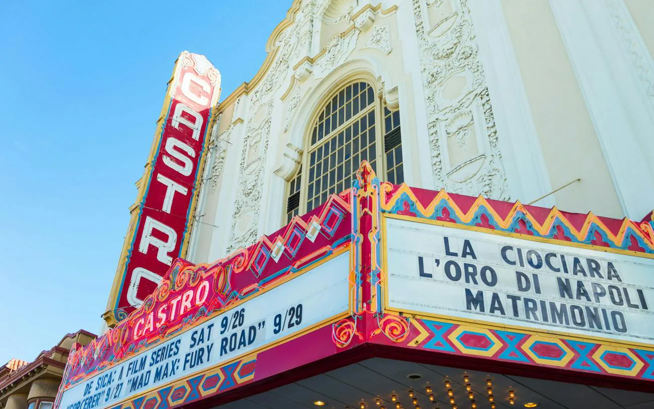 Castro Theatre marquee in San Francisco displaying film titles for a self-guided city exploration game.
