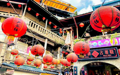Famous red lanterns and historic architecture of Jiufen Old Street, New Taipei City, Taiwan.