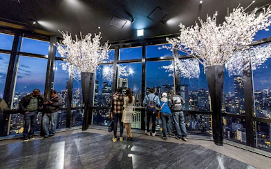 Tokyo Tower observation deck with visitors overlooking city skyline at night.