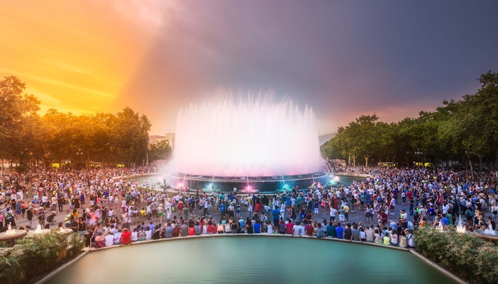 Magic Fountain light show at night in Barcelona, Spain, during December.