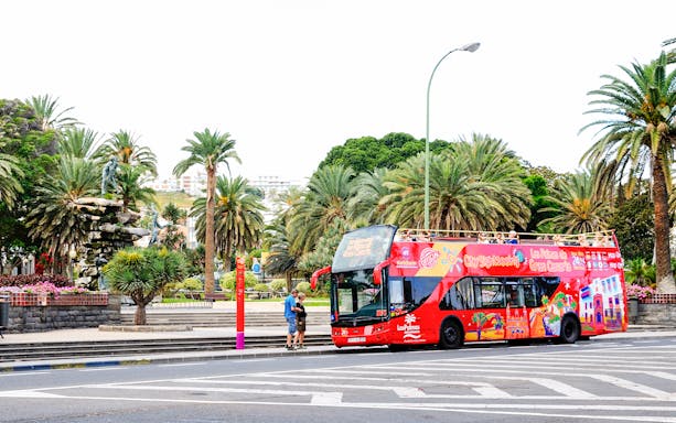 Hop-on hop-off bus in Las Palmas de Gran Canaria near palm trees and city park.