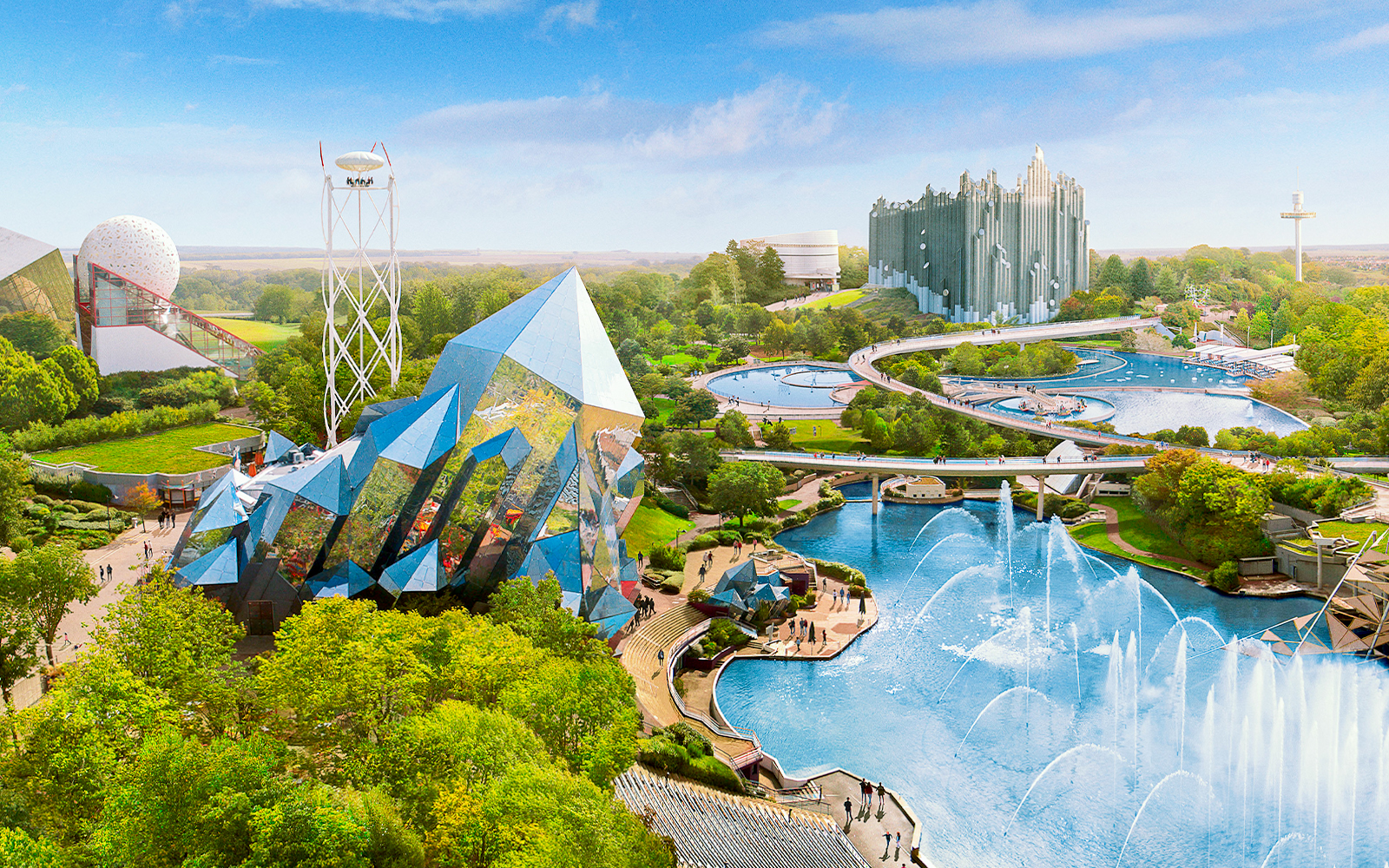 Futuristic architecture and water features at Futuroscope theme park in France.