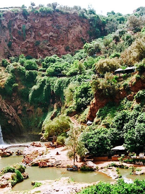Ouzoud Waterfalls cascading down rocky cliffs surrounded by lush greenery in Morocco.