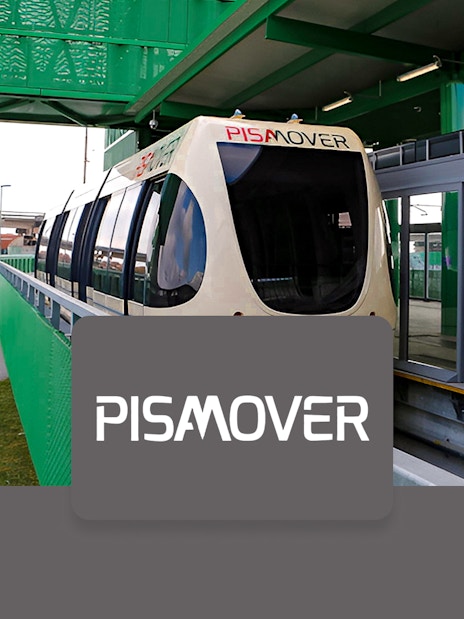Pisamover train at station for round-trip tickets between airport and city.